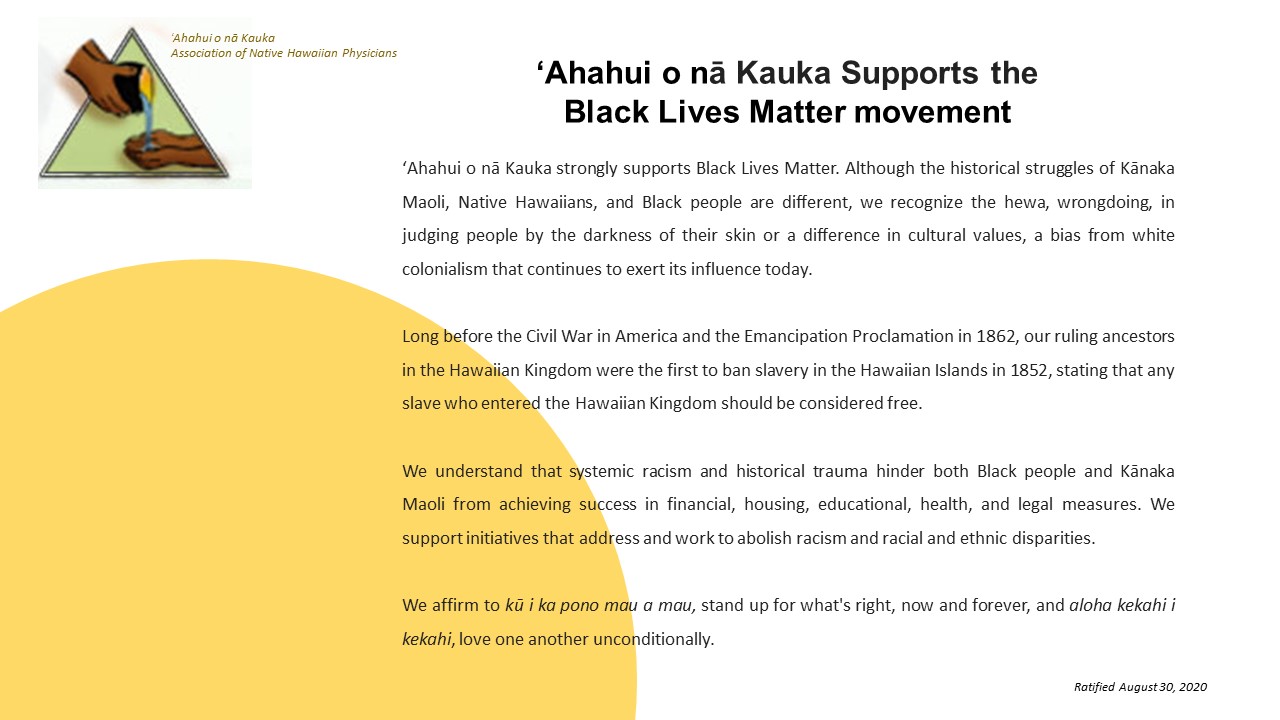 ʻAhahui o nā Kauka Supports the Black Lives Matter movement